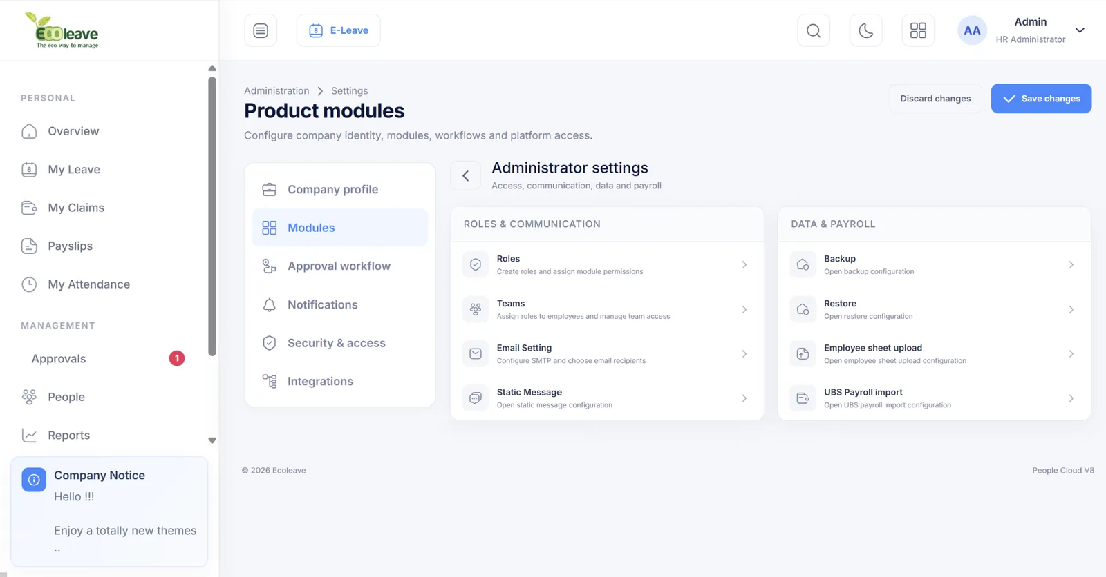 Ecoleave administrator settings