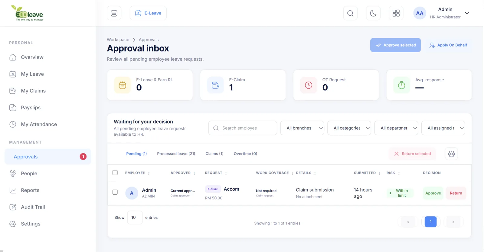Ecoleave approval inbox
