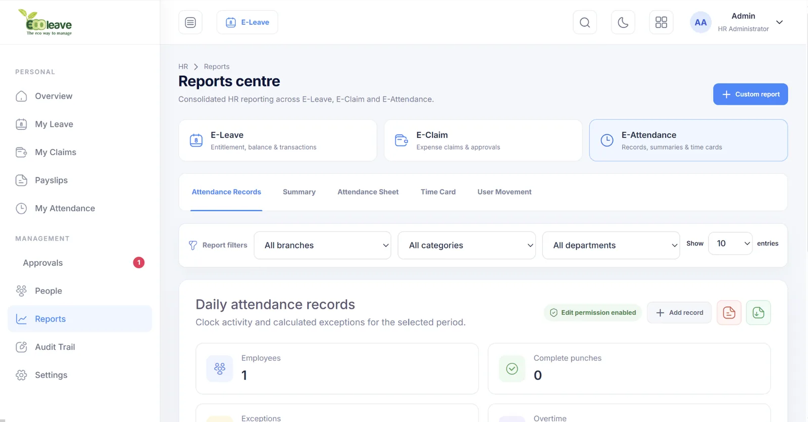 E-Attendance reports and daily records