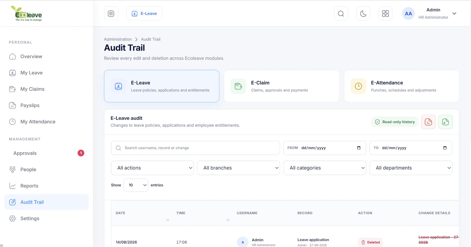 Ecoleave audit trail