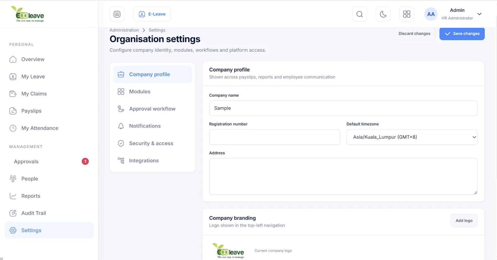 Ecoleave organisation settings