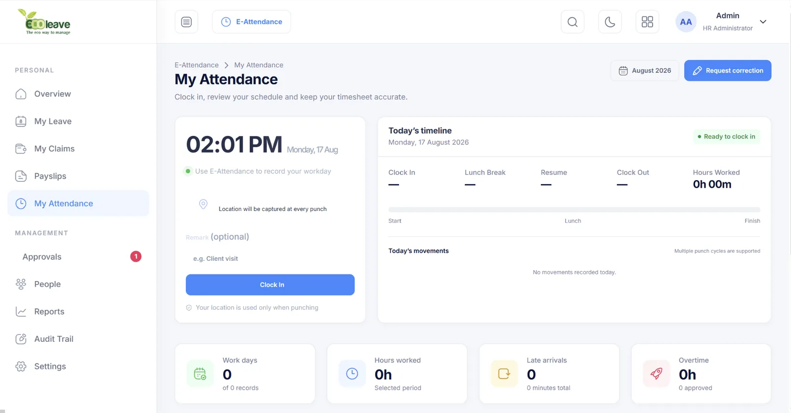 Ecoleave employee attendance clock-in workspace