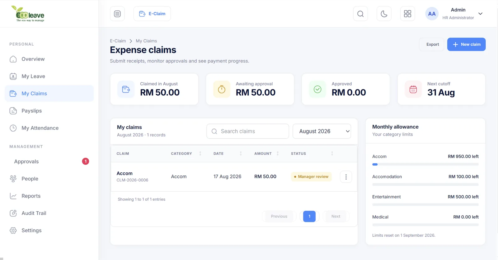 Employee expense claim list and monthly allowance in Ecoleave V8