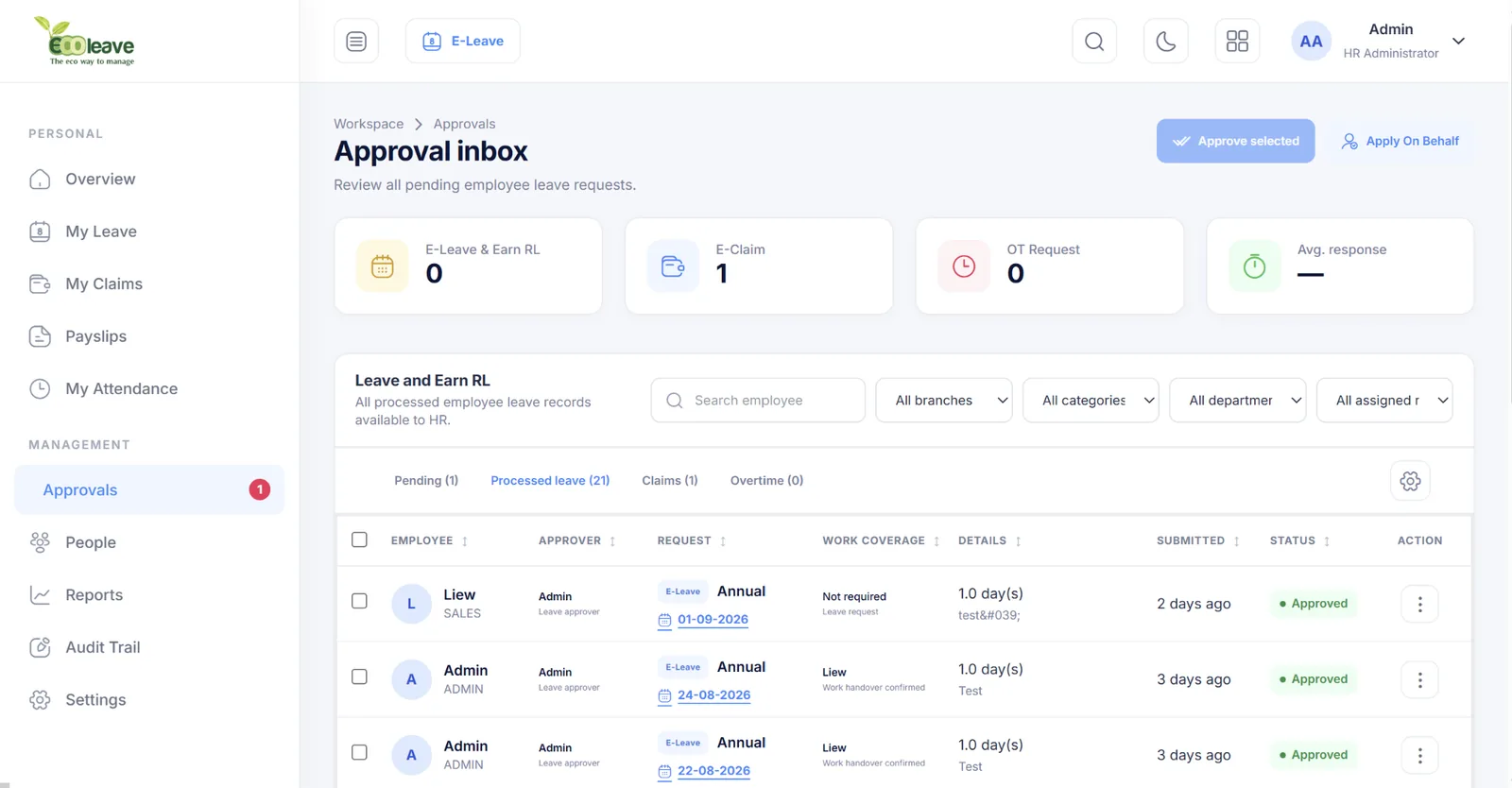 Processed leave approval records in Ecoleave V8