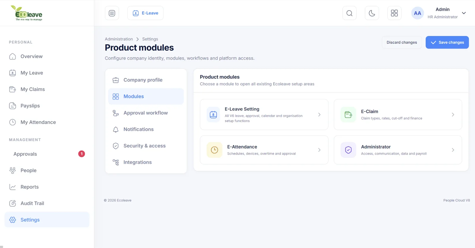 Ecoleave V8 product module settings